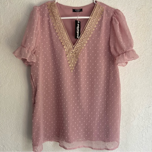 Zeagoo Swiss Dot Lace Trim Blouse Mauve Pink Size Small NWT - Picture 5 of 10